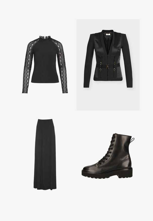 Sort skræddersyet blazer med satin revers, tilpasset taljebælte med guldspænde, lange ærmer og struktureret paneldetaljer.; Sort langærmet top med høj flæsekrave og laceskaber med en bølget mønster, lavet af et glat stof.; Long Tall Sally Maxinederdele - black; Paul Green Snørestøvletter - schwarz