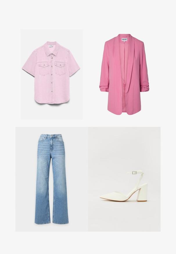 Blazer rose pour femme avec manches 3/4 retroussées, ouverture sur le devant et col châle, étiquette "PIECES" à l'intérieur du col.; Chemise en denim rose clair à manches courtes, fermeture boutonnée devant, deux poches poitrine à rabat avec boutons, et col classique.; Jean en denim bleu clair à taille haute et jambes larges, avec poches avant, passants pour ceinture et fermeture par bouton.; Sandale blanche à talon avec un bout pointu, sangle de cheville réglable et un talon carré épais. Texture lisse avec des détails de couture minimaux.