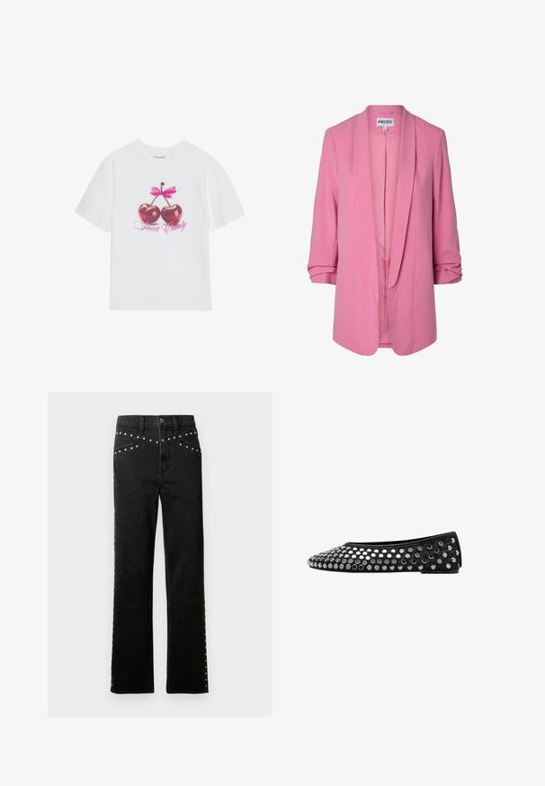 Roze damesblazer met opgerolde 3/4 mouwen, open voorkant en sjaalkraag, met het label "PIECES" aan de binnenkant van de nek.; Witte katoenen t-shirt met een grafisch ontwerp van twee glanzende rode kersen met een roze strik erboven en de tekst "Sweet Candy" in het roze.; Zwarte denim jeans met een rechte pijp, voorzien van zilveren studs langs de taille en zijkanten. De stof heeft een gladde textuur met een klassieke pasvorm.; Zwarte platte schoen met een ronde neus en studded versieringen. Het bovenmateriaal is glad, met een textuuraccent bij de neus.