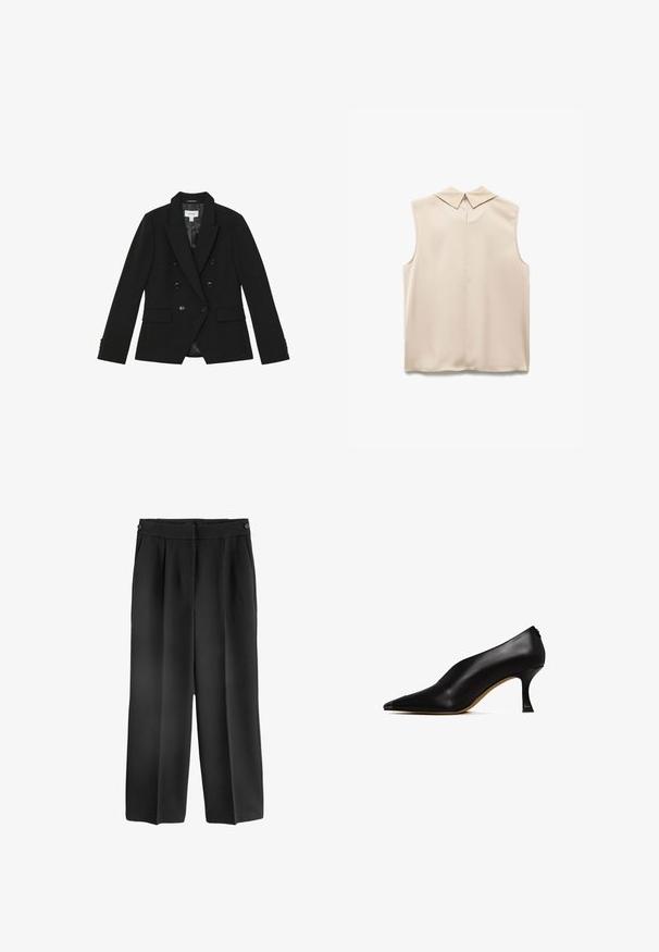 Sort dobbeltradet blazer med brede revers, seks forreste knapper, klaplommer og lange ærmer med knapdetaljer.; Beige ærmeløs bluse med spids krave, glat stof og en nøglehulåbning bagpå. Minimalistisk design og skræddersyet form.; Sorte breddebenede bukser med høj talje, der har frontfoldninger og sidelommer. Fremstillet af et glat, letvægtsstof.; Sorte læder højhælede sko med spids tå og en slank, buet hæl. Har en glat tekstur og et minimalistisk design.