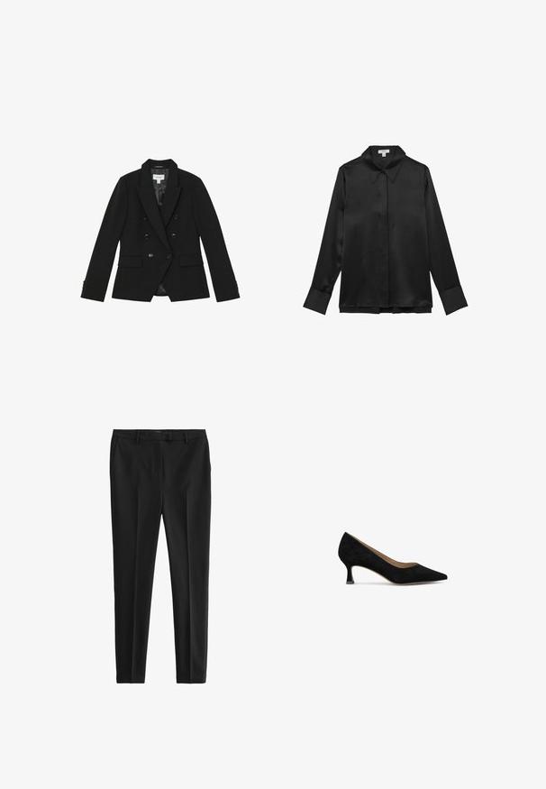 Blazer negro cruzado con solapas anchas, seis botones delanteros, bolsillos con solapa y mangas largas con detalles de botones.; Camisa negra de satén de manga larga con cuello puntiagudo, botón frontal y puños anchos. Textura suave y diseño elegante.; Pantalones negros en una tela suave y ligera. Presentan un corte ajustado, pliegues delanteros y cinturilla estándar con bolsillos laterales y traseros.; Zapato de tacón de ante negro con puntera afilada, tacón cuadrado bajo y forro interior suave. Diseño simple sin patrones ni acentos visibles.