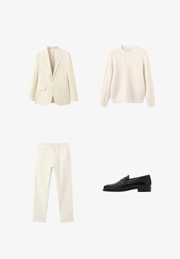 Blazer crème à un bouton avec revers à encoche, deux poches avant à rabat et une poche poitrine, présenté sur fond blanc.; Pull en maille torsadée de couleur crème clair avec un col rond, des manches raglan et des poignets et un ourlet côtelés. Fabriqué dans un tissu doux et texturé.; Pantalon en velours côtelé blanc à coupe droite, avec deux poches avant et une fermeture par bouton à la taille, tissu côtelé texturé.; Mocassin penny en cuir noir avec talon bas, bout arrondi et une bride sur la partie supérieure de la chaussure.