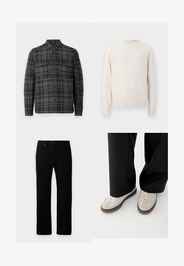 Schwarz- und dunkelgrau karierter Button-up-Hemdjacke mit Kragen, langen Ärmeln und zwei Klappentaschen auf der Brust.; Cremefarbener Pullover mit rundem Ausschnitt, gerippten Bündchen und Saum. Weiche Textur mit einem einfachen, klaren Design und Raglanärmeln.; Schwarze Jeans aus Denim mit geradem Bein, Fünf-Taschen-Design, vorn mit Knopfverschluss und dezenten Nähdetails.; Füße mit beigen Sneakers mit braunen Sohlen und schwarzen Hosen mit weitem Bein auf weißem Hintergrund.