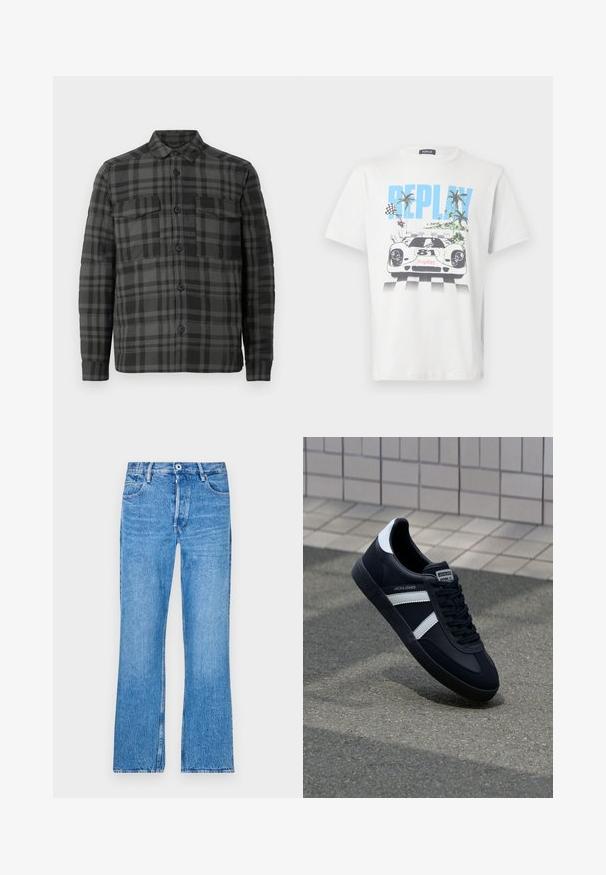 Schwarz- und dunkelgrau karierter Button-up-Hemdjacke mit Kragen, langen Ärmeln und zwei Klappentaschen auf der Brust.; Weißes Baumwoll-T-Shirt mit einem bunten Motiv eines Rennwagens, Palmen und Schachbrett-Flaggen, mit dem Schriftzug "REPLAY" gut sichtbar.; Blaue, gerade geschnittene Jeans aus Denim mit einem verfärbten Waschlook. Mit Knopfverschluss, Gürtelschlaufen und dem klassischen Fünf-Taschen-Design.; Schwarze Leder-Sneaker mit weißen Streifen, strukturiertem Gummisohle und Schnürung. Verfügt über ein Markenetikett auf der Zunge.