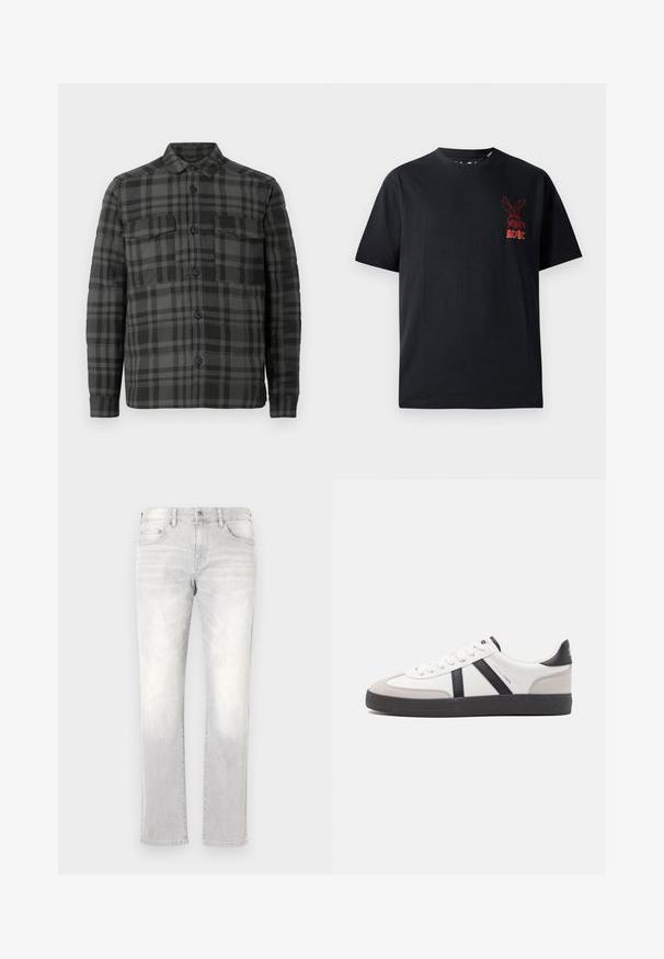 Sort og mørkegrå ternet knap-opp skjortejakke med krave, lange ærmer og to brystlommer med klap.; Sorte bomulds t-shirt med korte ærmer, rund hals og et rødt grafisk logo af en kanin med teksten "AC/DC" på brystet.; Lys grå denim jeans med lige ben, subtile falmninger, forlommer og en enkelt baglomme. Klassisk knap- og lynlås-lukning.; Hvide sneakers med sorte og grå detaljer, med en tekstureret grå tåhætte, sort gummisål og flade hvide snørebånd. Rent design, minimalistisk stil.