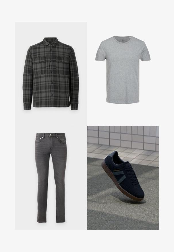 Schwarz- und dunkelgrau karierter Button-up-Hemdjacke mit Kragen, langen Ärmeln und zwei Klappentaschen auf der Brust.; Grau T-Shirt mit kurzen Ärmeln aus weicher Baumwolle. Mit klassischem Rundhalsausschnitt und normaler Passform. Einfaches Design ohne Muster oder Akzente.; Graue Jeans aus Denim im Slim-Fit, mit klassischem Fünf-Taschen-Design, Frontknopfverschluss und schwacher struktureller Detailierung überall.; Schwarze Sneaker mit strukturierter Oberfläche, dunkelgrünen Streifen und brauner Gummisohle. Mit Schnürung und Branding an der Seite.