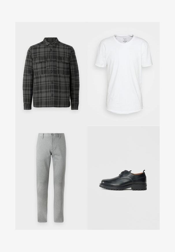 Chemise-veston à carreaux noirs et gris foncé avec col, manches longues et deux poches poitrine à rabat.; T-shirt blanc à manches courtes en coton avec un col ras du cou classique. Présente un ourlet légèrement incurvé et des détails de couture minimalistes.; Pantalons gris à jambe droite en tissu texturé. Dotés d'une fermeture à bouton, de passants de ceinture et de poches latérales pour plus de fonctionnalité.; Chaussures derby en cuir noir avec une texture lisse, bout rond, design à lacets et une semelle en caoutchouc épaisse et robuste.