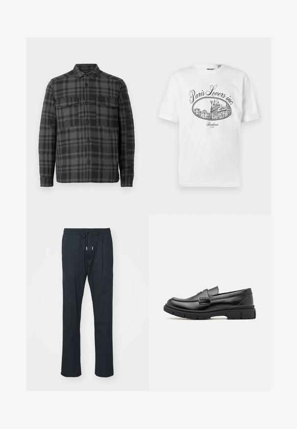 Chemise-veston à carreaux noirs et gris foncé avec col, manches longues et deux poches poitrine à rabat.; T-shirt en coton blanc avec une illustration noire représentant un paysage urbain parisien, accompagné du texte "Paris Lovers inc." et "Bonheur EST.1992."; Pantalons noirs avec une ceinture élastique dotée d'un cordon de serrage pour un ajustement personnalisable. Design à jambes droites et tissu léger. Aucune motif visible.; Mocassin en cuir noir avec une large sangle sur le devant, semelle en caoutchouc à épaisse rainure, et texture lisse. Design classique et élégant.