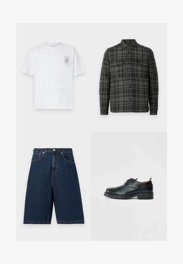 Zwart en donkergrijs geruit overhemde jasje met kraag, lange mouwen en twee klepzakken op de borst.; Witte katoenen t-shirt met een ronde hals, korte mouwen en een cirkelvormige zwarte grafiek met een karakter op de linkerborst.; Donkerblauwe denim shorts met een losse pasvorm, voorzien van twee voorzakken en een achterzak, afgewerkt met oranje stikselaccenten.; Zwarte leren derby schoenen met een gladde textuur, ronde neus, vetersluiting en een dikke, robuuste rubberen zool.
