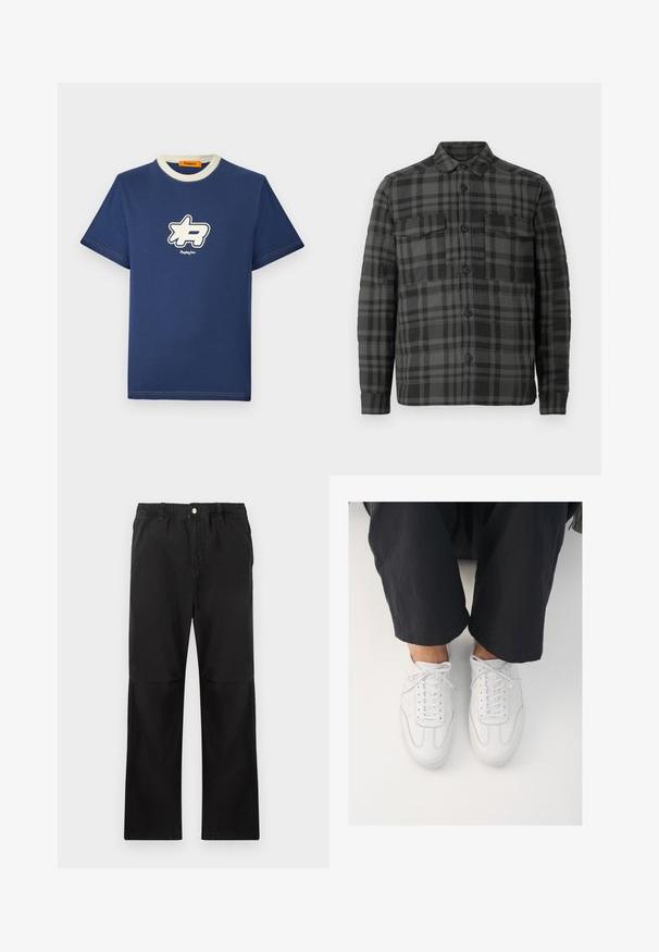Schwarz- und dunkelgrau karierter Button-up-Hemdjacke mit Kragen, langen Ärmeln und zwei Klappentaschen auf der Brust.; Marineblaue Baumwoll-T-Shirt mit einem kontrastierenden cremefarbenen Kragen, das ein großes weißes Logo-Design auf der Brust und den Markennamen darunter zeigt.; Schwarze Baumwollhosen mit einem elastischen Bund, gerade geschnitten, mit glatter Textur und ohne sichtbare Akzente oder Muster.; Weiße Ledersneaker mit glatter Textur, runder Zehenform und klassischem Schnürsystem, platziert über dunklen, locker sitzenden Hosen.