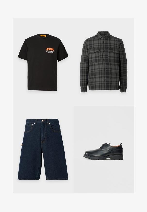 Camisa chaqueta de cuadros en negro y gris oscuro con cuello, mangas largas y dos bolsillos en el pecho con solapa.; Camiseta de algodón negra con mangas cortas, que presenta un diseño gráfico de texto en naranja y blanco en la parte delantera. Cuello redondo, ajuste relajado.; Pantalones cortos de mezclilla oscura con un corte holgado, diseño de cinco bolsillos y costuras en contraste en color naranja. Cuenta con un cierre clásico de botón y cremallera.; Zapatos derby de cuero negro con una textura suave, punta redondeada, diseño de cordones y una suela de goma gruesa y resistente.