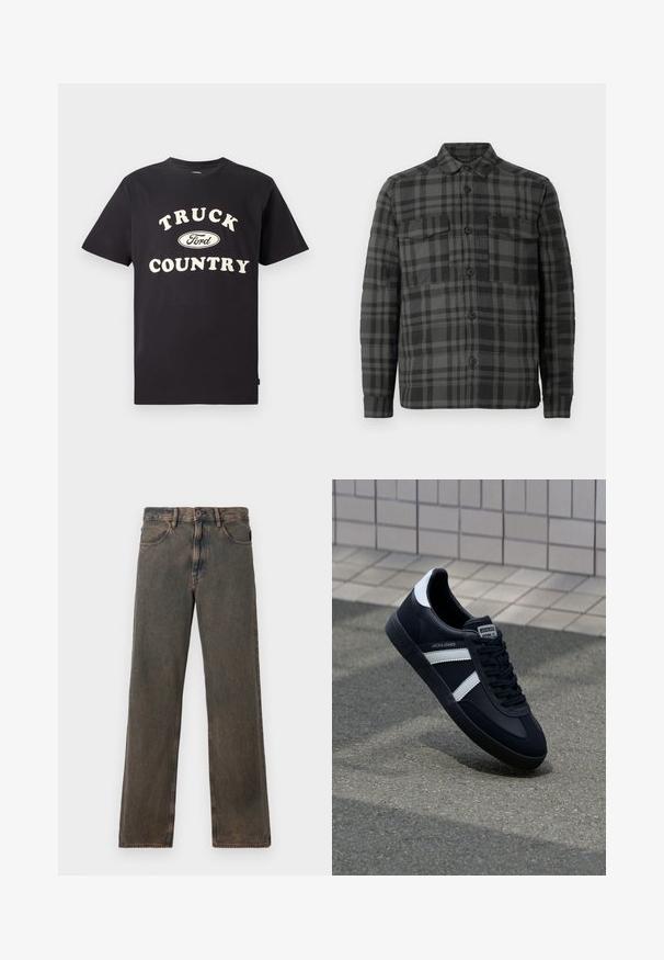 Schwarz- und dunkelgrau karierter Button-up-Hemdjacke mit Kragen, langen Ärmeln und zwei Klappentaschen auf der Brust.; Schwarzes Baumwoll-T-Shirt mit kurzen Ärmeln, das "TRUCK COUNTRY" in cremigem Text und einem Ford-Logo-Design auf der Vorderseite zeigt.; Braun gewaschene gerade Jeans mit Fronttaschen, Knopfverschluss und Gürtelschlaufen auf einem weißen Hintergrund präsentiert.; Schwarze Leder-Sneaker mit weißen Streifen, strukturiertem Gummisohle und Schnürung. Verfügt über ein Markenetikett auf der Zunge.