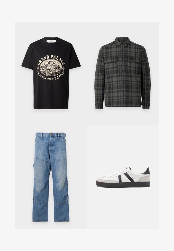 Camisa chaqueta de cuadros en negro y gris oscuro con cuello, mangas largas y dos bolsillos en el pecho con solapa.; Camiseta de algodón negra con un estampado gráfico en beige de una montaña y texto que dice "Grand Palace Replay Belle Epoque Hotel". Diseño sencillo de cuello redondo.; Pantalones de mezclilla azul claro con piernas anchas, áreas desteñidas y costuras de patchwork. Presentan un cierre frontal con botón y cremallera, además de bolsillos laterales.; Zapatilla blanca con acentos en negro y gris, que presenta una puntera texturizada en gris, suela de goma negra y cordones planos blancos. Diseño limpio, estilo minimalista.