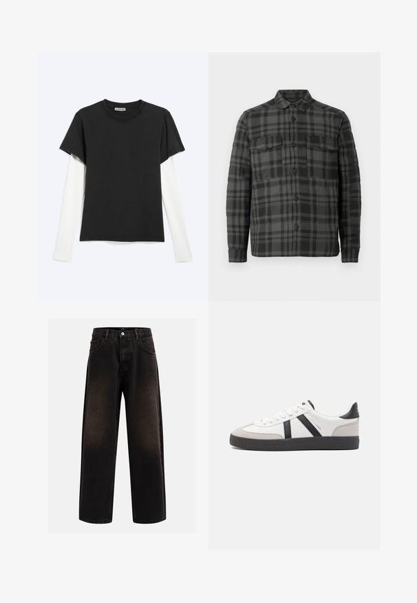 Chemise-veston à carreaux noirs et gris foncé avec col, manches longues et deux poches poitrine à rabat.; T-shirt noir à manches courtes superposé à une chemise blanche à manches longues, vue en plat sur un fond gris clair avec l'étiquette WEEKDAY visible à l'intérieur du col.; Jeans en denim noir avec une coupe décontractée, comprenant des passants de ceinture, un design à cinq poches et une fermeture à bouton. Tissu texturé avec un léger effet de décoloration.; Baskets blanches avec des accents noirs et gris, présentant un embout texturé gris, une semelle en caoutchouc noir et des lacets plats blancs. Design épuré, style minimaliste.