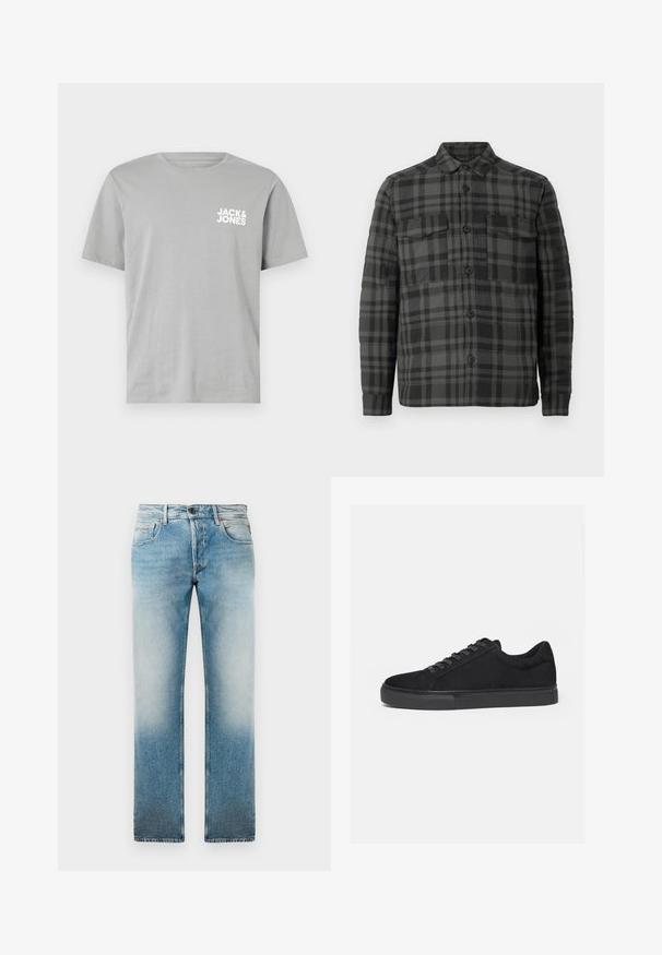 Schwarz- und dunkelgrau karierter Button-up-Hemdjacke mit Kragen, langen Ärmeln und zwei Klappentaschen auf der Brust.; Graues Baumwoll-T-Shirt mit kurzen Ärmeln, rundem Halsausschnitt und einem weißen Logo "JACK & JONES", das auf der linken Brustseite gedruckt ist.; Helle blaue Denim-Jeans mit geradem Bein, in faded Waschung, fünf Taschen und einem Knopfverschluss am Bund.; Schwarzer Low-Top-Sneaker mit Schnürung vorne und flacher Gummisohle, seitlich auf weißem Hintergrund dargestellt.