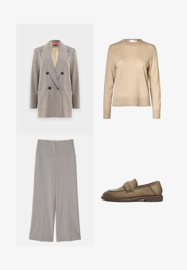 Dobbeltknappet blazer i lysegrå med tekstureret stof, vendte revers, to frontlommer og sorte knapper. Indersiden foret i beige.; Beige langærmet uldsweater med rund hals og ribstrikkede manchetter og kant, vist mod en hvid baggrund.; Lys grå, vide bukser i et glat, tekstureret stof. Funktioner omfatter sidelommer og en skræddersyet pasform med en lige skæring.; Brune læder loafers med en blød tekstur, der har et bredt strop over vristen og en lav, flad gummisål. Rent, understated design.