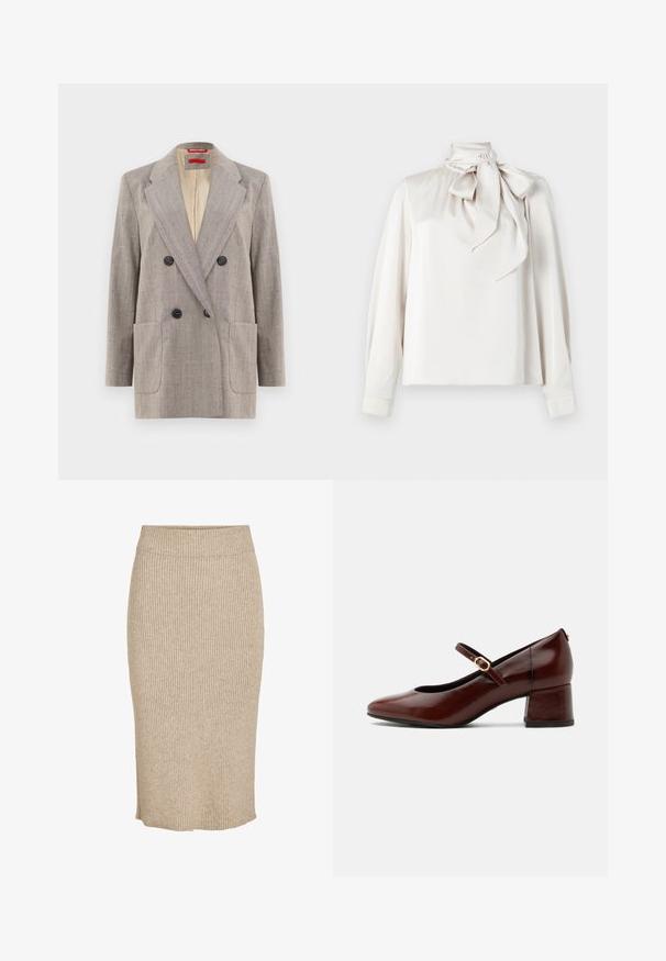 Dobbeltknappet blazer i lysegrå med tekstureret stof, vendte revers, to frontlommer og sorte knapper. Indersiden foret i beige.; Lys beige bluse med lange ærmer, høj krave og en stor sløjfe ved halsen. Glat tekstur og let løs pasform.; Strik nederdel i en lys beige farve med lodret ribbestruktur, knælang med elastisk talje og lige skæring.; Brun læder Mary Jane-sko med lav blokhæle og guldlåsrem, sidevisning på hvid baggrund.