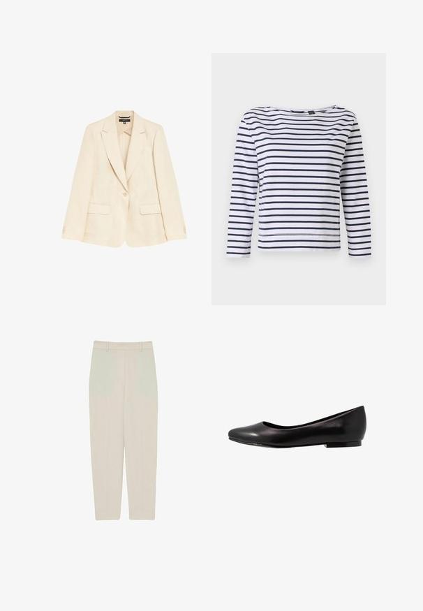 Lys beige linned blazer med en enkelt knap, spidse revers og to forlommer. Glat tekstur og skræddersyet pasform.; Stribet langærmet top i hvid og marineblå, med en bådudskæring og en afslappet pasform. Lavet af blødt bomuldsstof med syede kanter.; Beige lige benbukser med en glat tekstur, der har høj talje, frontfoldsdetaljer og rene linjer for en skræddersyet pasform.; Sort ballette sko lavet af glat læder med rund tå og lav, flad sål. Har en glat overflade med et enkelt og strømlinet design.