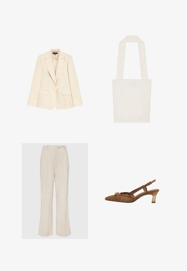 Blazer en lin beige clair avec un bouton simple, revers crantés et deux poches avant. Texture lisse et coupe ajustée.; Sac fourre-tout crème avec un design minimaliste, comportant de larges sangles en tissu et une forme rectangulaire, fabriqué à partir d'un matériau en toile robuste.; Pantalon beige à jambes larges avec plis verticaux, fermeture par bouton et texture subtile. Présente un tissu lisse et une coupe décontractée.; Chaussure slingback tissée marron avec un bout pointu, des fines lanières, un accent de boucle décorative et un talon transparent de hauteur moyenne.