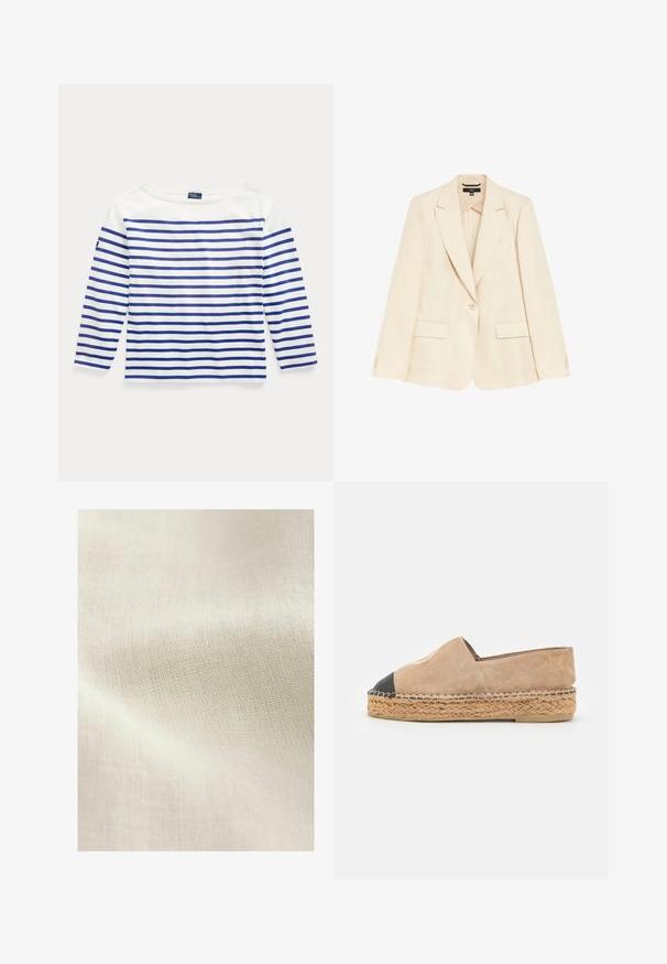Lichtbeige linnen blazer met een enkele knoop, notch-revers en twee voorzakken. Glad textuur en een getailleerde pasvorm.; Lange mouw top in witte katoen met horizontale blauwe strepen. Heeft een bootnek en een klein logolabel op de linkermouw.; Lichtbeige gemêleerde stof met een geweven patroon, die subtiele variaties in kleur en oppervlakte details toont. Over het algemeen een zachte, gladde textuur.; Walk London VENICE FULL - Espadrilles - off white