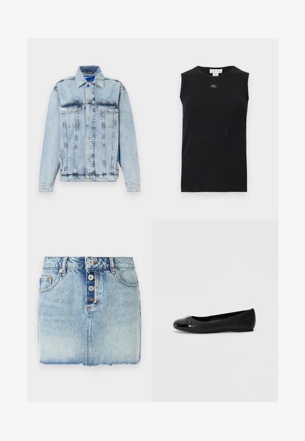 Veste en denim bleu clair délavé à l'acide avec fermeture à boutons, deux poches poitrine à rabat, manches longues et col, sur fond blanc.; Débardeur côtelé noir sans manches avec encolure ronde et petite écusson du logo Calvin Klein centré sous le col.; Mini-jupe en jean bleu clair avec fermeture à boutons sur le devant, passants pour ceinture et ourlet brut.; Chaussure plate noire à bout rond, avec un cap glossy en vernis et un corps en cuir texturé, accentuée par un petit détail métallique.