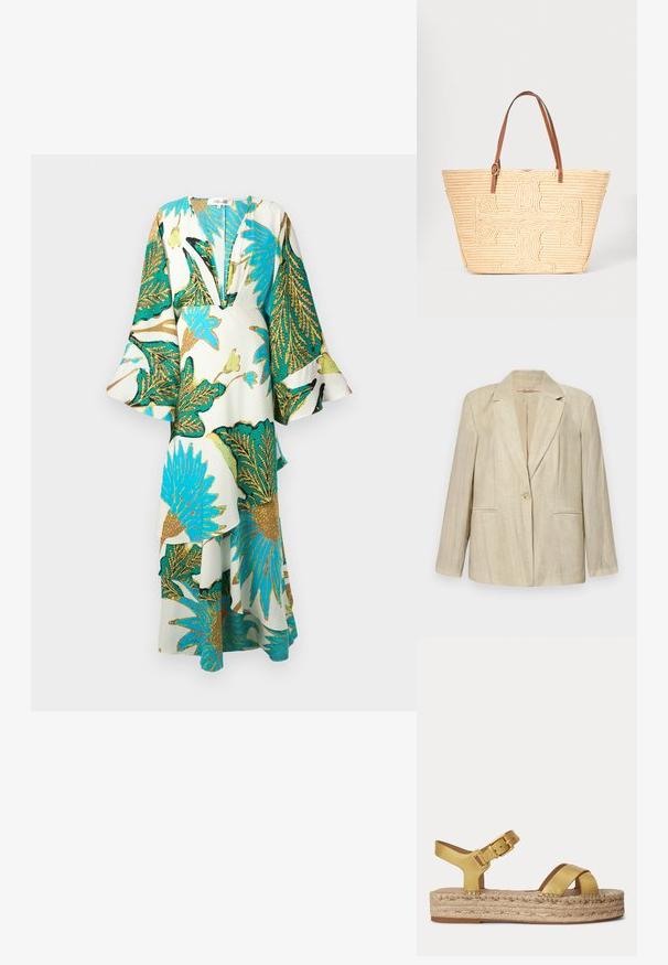 Beige blazer med tilspidset krave, enkelt knaplukning og to frontlommer. Struktureret stof med lodrette striber. Lange ærmer.; Lang, flydende kjole med dyb V-hals, klokkeærmer og levende tropiske bladmønstre i teal, guld og grøn på en lys baggrund.; Guld læder platformsandal med krydsede frontremme, ankelrem med spænde og tyk flettet tovsål.; Beige vævet skuldertaske med stort tekstureret korsmønster foran og brune læder skulderstropper.