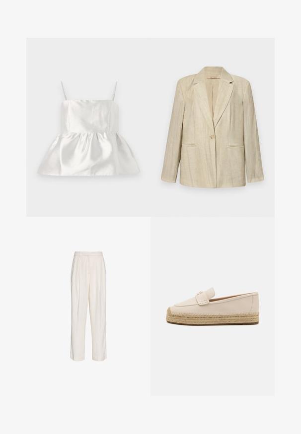 Blazer beige con cuello de muesca, cierre de un solo botón y dos bolsillos frontales. Tejido texturizado con rayas verticales. Mangas largas.; Top de satén blanco con tirantes finos y un corsé ajustado que se ensancha en un dobladillo de peplum fruncido, textura suave con un ligero brillo.; Pantalones blancos de talle alto, confeccionados a medida, con pinzas, trabillas para cinturón y piernas rectas, mostrados sobre un fondo blanco liso.; COACH CAMILLA - Alpargatas - chalk