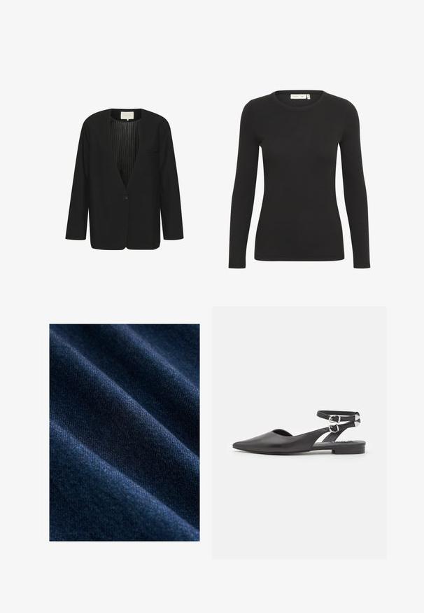 Schwarzer Blazer mit glatter Oberfläche, V-Ausschnitt, einem Knopf-Verschluss, langen Ärmeln und gestreiftem Innenfutter. Mit einer Brusttasche.; Schwarzes Langarmshirt mit rundem Halsausschnitt, gefertigt aus geripptem Stoff. Hat ein tailliertes Design mit sauberen Nähten und einer glatten Textur.; Dunkelblauer Jeansstoff mit einer glatten Textur, der sichtbare diagonale Webmuster sowie subtile Farb- und Glanzvariationen aufweist.; Schwarze Lederflats mit spitzem Zeh, Knöchelriemen und Schnallen-Detail. Verfügt über einen kleinen, niedrigen Absatz und ein offenes Seitendesign.