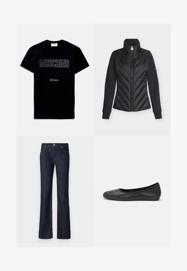 Zwarte damesjas met een doorgestikte voorkant, hoge kraag, volledige rits, gladde stoffen mouwen en gouden ritssluitingen.; Zwart T-shirt met korte mouwen met de tekst "MOSCHINO" en "Milano" in kleine strass-steentjes gecentreerd op de voorkant.; Donkerblauwe spijkerbroek met een uitlopende vorm, vijf zakken en contrasterende oranje stiksel langs de naden en zakken.; Zwarte leren ballerina met een ronde neus, gladde textuur, minimale stikdetails en een flexibele zoolontwerp.