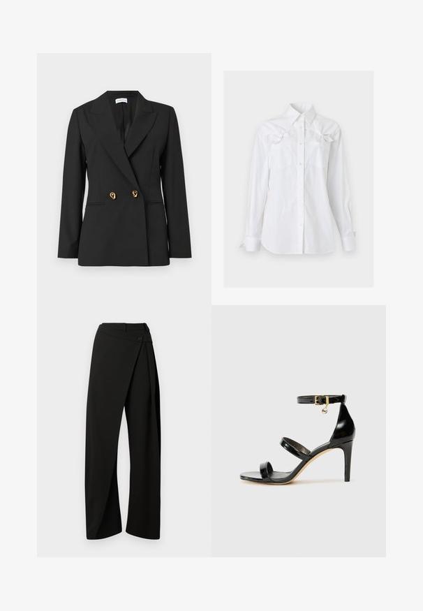 Blazer negro a medida con mangas largas, solapas con muesca, dos botones decorativos dorados y bolsillos delanteros con ojal.; Camisa blanca de manga larga con cuello y dos bolsillos en el pecho, cada uno con un lazo decorativo cerca de la parte superior.; Pantalones negros de pierna ancha con un panel envolvente en el frente y un cierre de botón en la cintura, mostrados sobre un fondo blanco.; Sandalia de charol negro con tres correas, hebilla en el tobillo y tacón de aguja de 10 cm. Presenta detalles de hardware en oro y un charm con el logo.