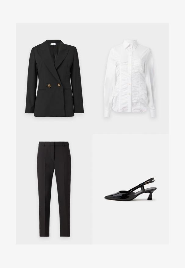 Veston noir sur mesure avec manches longues, revers crantés, deux boutons décoratifs dorés et poches à fente sur le devant.; Chemise blanche à manches longues avec un texture froncée sur le devant, petits boutons dorés et col standard.; Pantalon noir ajusté avec une coupe droite, doté d'un devant plat, de passants de ceinture et sans motifs ni embellissements visibles.; Chaussure slingback en cuir verni noir à petit talon, bout pointu et bride réglable avec boucle dorée sur fond blanc.