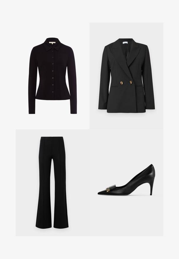 Veston noir sur mesure avec manches longues, revers crantés, deux boutons décoratifs dorés et poches à fente sur le devant.; Chemise noire à manches longues avec col, dotée d'un devant à boutons et d'une coupe ajustée, fabriquée en tissu lisse.; Pantalons évasés noirs avec une taille haute, fabriqués en tissu extensible. Présente des détails de couture verticaux sur le devant et une texture lisse.; Chaussure à talon haut noire pointue avec motif texturé et un petit détail de boucle dorée à l'avant, vue de côté sur un fond uni.