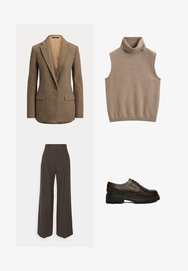 Veste marron à carreaux avec un seul bouton, revers crantés et poches à rabat devant sur fond uni.; Gilet sans manches beige en maille avec col roulé et bord-côtes au niveau du col et de l'ourlet, en tissu doux.; Pantalons larges marron foncé à taille haute, avec des plis soigneusement marqués, une texture lisse et une coupe ajustée.; Chaussure brogue en cuir marron foncé avec détails perforés et semelle épaisse en caoutchouc noire, vue de côté sur fond blanc.