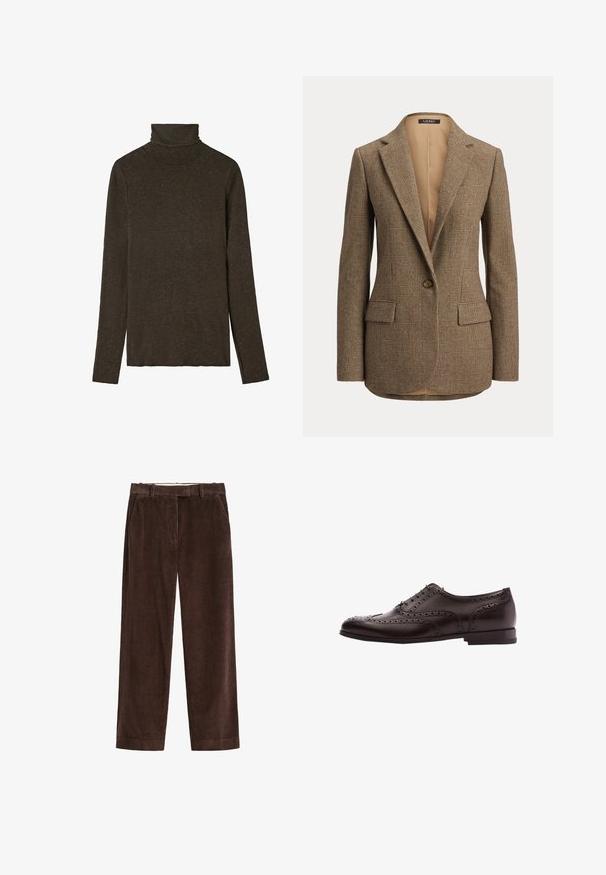 Bruine geruite blazer met één knoop, notch-revers en voorzakken met klep op een effen achtergrond.; Donkerbruine coltrui gemaakt van zacht, gestructureerd materiaal. Heeft lange mouwen en een getailleerd ontwerp, met een gladde halslijn.; Bruine corduroy rechte broek met riemlussen en zijzakken, plat weergegeven op een witte achtergrond.; Bruine leren schoenen met brogue-details, vetersluiting, ronde neus en een lage gestapelde hak. Gepolijste afwerking en ingewikkelde perforaties.