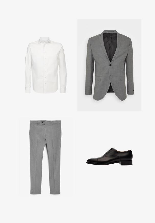 Grå blazer lavet af tekstureret stof, enkeltknapslukning, smalle klapper og to forlommer, med et sort indvendigt for.; Hvid langærmet skjorte lavet af glat stof, med en klassisk krave og fuld knaplukning. Har en almindelig pasform og ingen synlige mønstre.; Next STRETCH SMART TROUSERS REGULAR FIT - Bukser - grey; Sort læder snøresko med rund tå, kap-tå detalje og en lav blokhæl. Glat tekstur med subtile syninger.