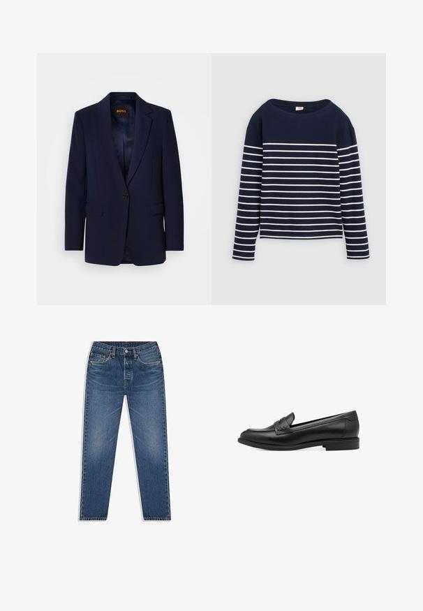 Marineblazer i glat stof med enkelt knappelukning, hakket revers, to forlommer og foret indre.; Levi's® MARIN STRIPE - Langærmet T-shirt - navy/egret; Blå denim jeans med lige ben-design, der har knap- og lynlåsgylpter, fem lommer og subtilt slid i vasken.; Sorte læder loafers med en glat overflade, udstyret med en vævet detalje over forgængeren og en lav, rund hæl. Enkel design og form.