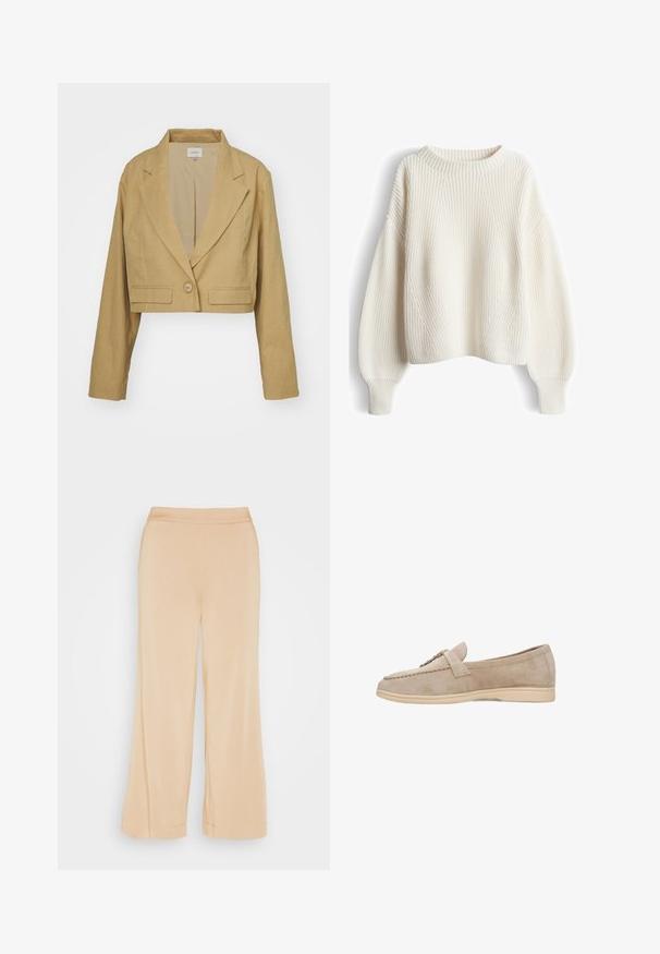 Getailleerde blazer van lichtbruin linnen met een notch-rever, enkele knoopsluiting en witte stiksels die de voorzakken accentueren.; Crèmewitte gebreide trui met een gestructureerd geribd patroon, doorgezakte schouders en brede geribde manchetten. Lichte, oversized silhouet.; Even&Odd Broek - beige; ESTRO Z NATURALNEGO ESTRO - Mocassins - beige