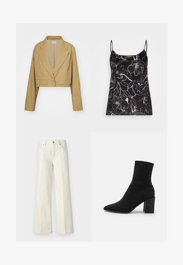 Afkortet blazer i lysebrun linned med slået krave, enkelt knaplukning og hvid syning, der fremhæver frontlommerne.; Anna Field Top - black/white; Videbenede hvide jeans lavet af en blanding af bomuldsstof. Har en lynlås i fronten, fem lommer og syninger langs sømmene.; Sort ankelstøvle lavet af strækstof, med spids tå og firkantet blokhæl, og med ribbet kant øverst.