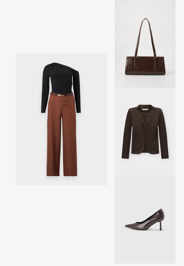 Veste cintrée marron foncé avec deux poches avant et deux boutons, présentée sur un fond blanc uni.; Haut asymétrique noir à manches longues associé à un pantalon marron taille haute à jambes larges et une ceinture noire à boucle dorée.; Escarpins à bout pointu en similicuir marron avec une texture crocodile, dotés d’un talon fin et angulaire ainsi que d’une doublure intérieure lisse.; Sac à main en cuir verni marron de forme rectangulaire, avec deux longues poignées et des accents courbés subtils à l'avant.