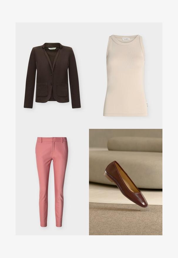 Veste cintrée marron foncé avec deux poches avant et deux boutons, présentée sur un fond blanc uni.; Débardeur beige sans manches avec encolure ronde, design simple et petite étiquette de marque sur la couture latérale.; Pantalon slim longueur cheville en rose doux avec passants pour ceinture et une fermeture avant cachée.; Chaussure plate en cuir marron avec un bout arrondi et un talon bas beige, positionnée au-dessus d’un tapis beige texturé et d’un fond de canapé.
