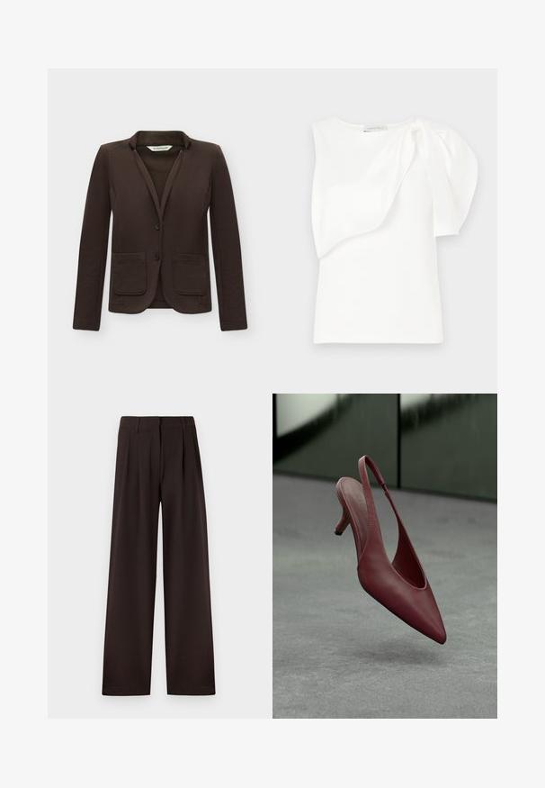 Donkerbruine nauwsluitende blazer met twee voorzakken en twee knopen, getoond tegen een effen witte achtergrond.; Witte mouwloze top met asymmetrisch gelaagd stoffen detail en geplooide pof op één schouder, plat gelegd op een witte achtergrond.; Donkerbruine wijde pantalon met plooi en riemlussen, voorzien van een voorrits en een nette zoom tegen een effen achtergrond.; Bordeaux leren slingback kitten heel met spitse neus, zwevend boven een grijze textuur op de voorgrond van een donkergroene muur.