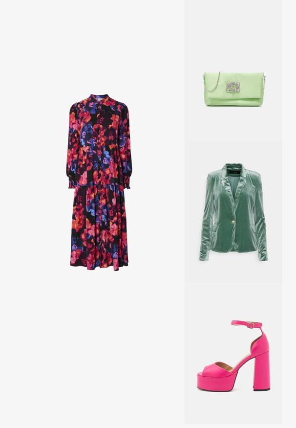 Vero Moda Tall Bleiser - dark green; Lillelillede lennukitega kleit, millel on must taust ja roosa, punane, lilla ning sinine lillede muster, nööbid ees ja kihiline ääreosa.; Pavement GAILE - Kõrge kontsaga sandaalid - pink; Mascara Väike käekott - apple