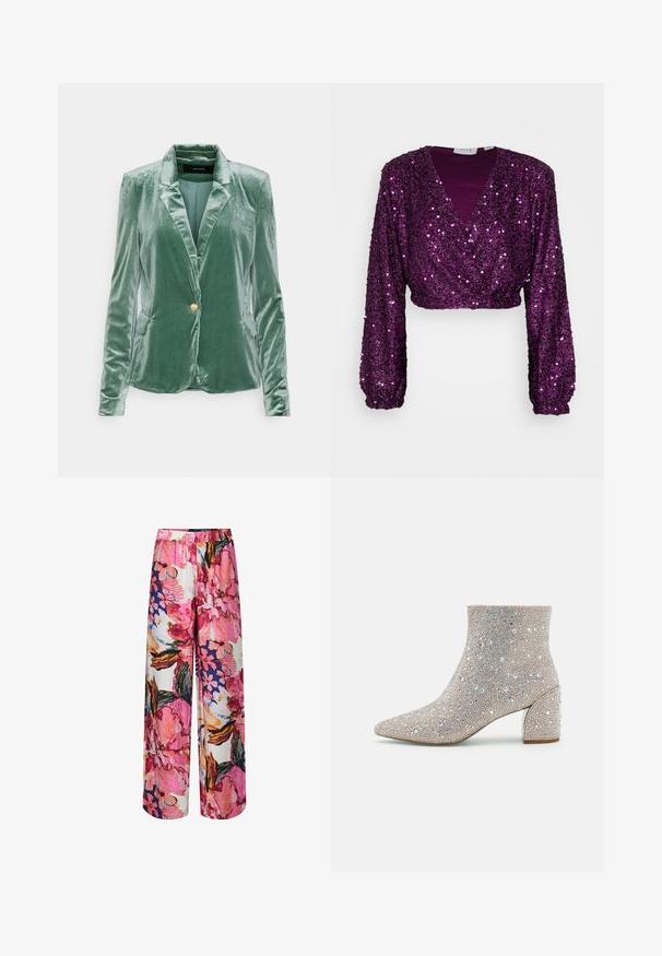 Vero Moda Tall Σακάκι - dark green; VILA VIKEJSER SEQUINCE - Μπλούζα - purple; YAS YASDELPHI - Παντελόνι - sachet pink; Blue by Betsey Johnson Κλασικές μπότες αστραγάλου - silver-coloured