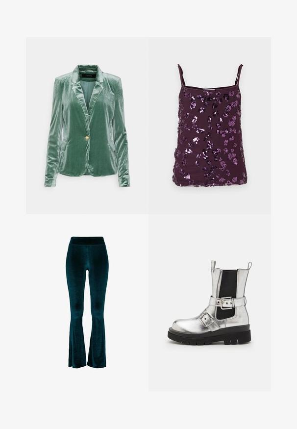 Vero Moda Tall Blejzer - dark green; Fialový kamizolový top s nastaviteľnými ramienkami, pokrytý lesklými fialovými flitrami usporiadanými do kvetinových vzorov. Hladká textúra látky.; Zelenomodré zvonové nohavice z jemného zamatového materiálu, s vysokým pásom a hladkou textúrou, zúžené smerom k lemom so slabými rozparkami.; Strieborná metalická členková obuv s čiernym elastickým bočným panelom, robustnou čiernou podrážkou a pásikom s detailom pracky. Hladký povrch.