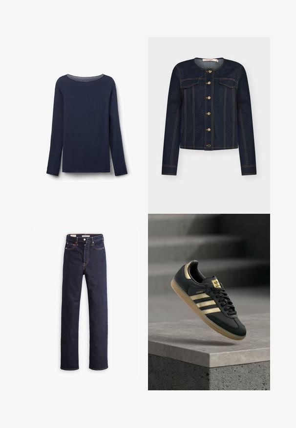 Chaqueta de mezclilla oscura con cuello redondo, botones dorados, bolsillos delanteros y costuras naranjas. Cuenta con mangas largas y un diseño ceñido.; Camiseta de manga larga de color azul marino hecha de una tela suave, con un cuello redondo y un corte relajado. El dobladillo y los bordes de las mangas están cuidadosamente terminados.; Jeans de mezclilla rectos de color azul oscuro con cinco bolsillos y costuras naranjas visibles sobre un fondo blanco.; Zapatilla Adidas Samba negra con rayas doradas y suela de goma flotando sobre una superficie de hormigón con escaleras desenfocadas en el fondo.