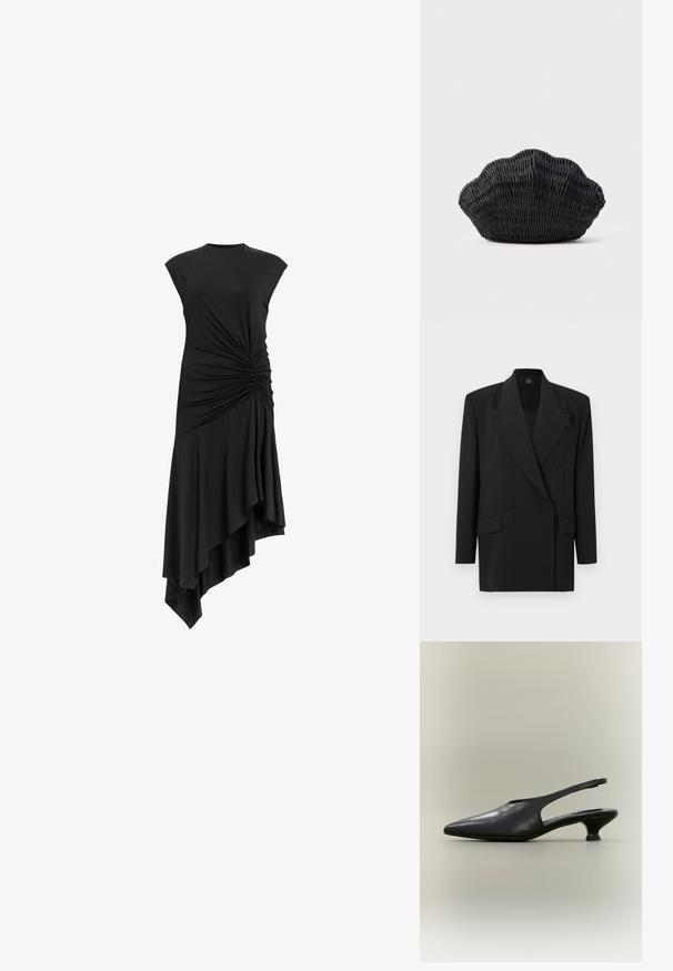 Sort dobbeltradet blazer med hakkede revers, sidelommer og tekstureret stof. Har to knapper og lange ærmer.; Sort ærmeløs kjole med samlet detalje på siden, der har en asymmetrisk nederdel, som draperer elegant. Blød stofstruktur.; Sort læder slingback-sko med spids tå og lav kittenhæl på neutral baggrund.; Sort flet håndtaske formet som en muslingeskal med en buet top og flettet tekstur på en ensfarvet baggrund.