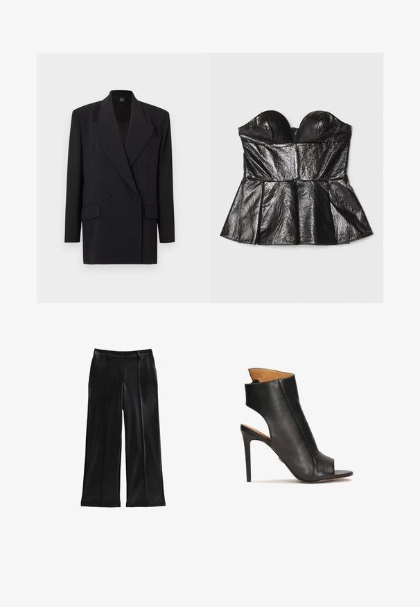 Schwarzer doppelseitiger Blazer mit Notch-Revers, Seitentaschen und strukturierter Stoffoberfläche. Verfügt über zwei Knopfverschlüsse und lange Ärmel.; Sara Battaglia SWEETHEART - Top - black; Schwarze, faux-lederne Weite-Bein-Hosen mit Falten, Fronttaschen, einer glatten Textur und einer maßgeschneiderten Passform. Verfügt über eine hüfthohen Bund.; Schwarze Leder-Sandaletten mit hohem Absatz, offen an der Zehe und mit ausgeschnittenem Design. Verfügt über einen Stiletto-Absatz und einen konturierten Knöchelbereich.