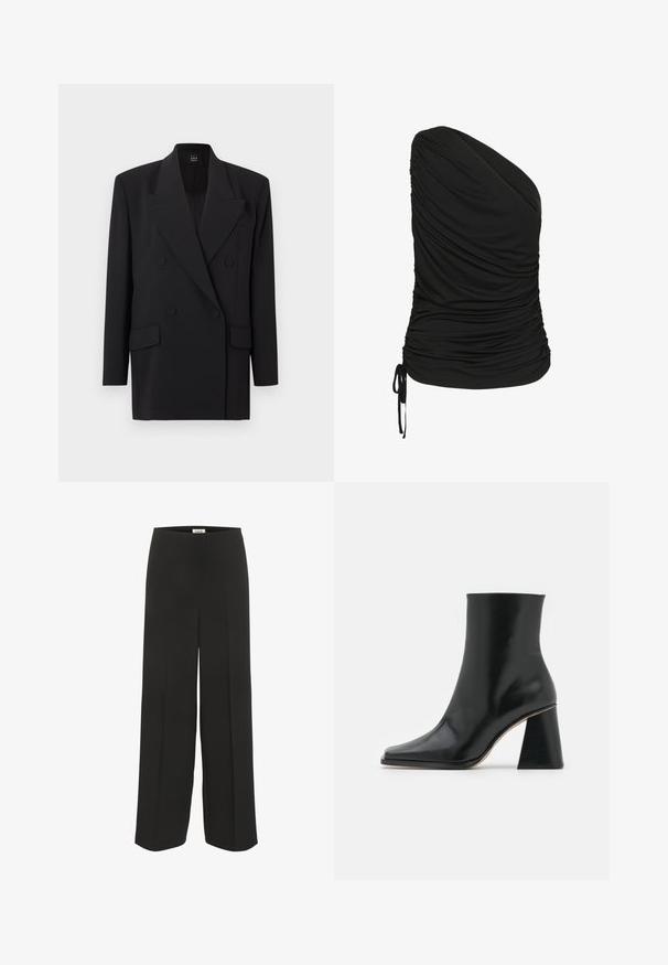 Blazer negro cruzado con solapas con muesca, bolsillos laterales y tejido texturizado. Cuenta con dos cierres de botón y mangas largas.; Top negro de un solo hombro hecho de material elástico, con fruncido en la parte delantera y un detalle de cordón en el dobladillo.; Pantalones negros de pierna ancha con cintura alta y detalles sutiles de pliegue, diseñados para un ajuste relajado y elegante.; Botín de cuero negro hasta el tobillo con un diseño de puntera cuadrada y un tacón grueso y texturizado. Superficie lisa sin hardware visible ni patrones.