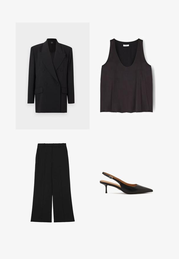Schwarzer doppelseitiger Blazer mit Notch-Revers, Seitentaschen und strukturierter Stoffoberfläche. Verfügt über zwei Knopfverschlüsse und lange Ärmel.; Schwarzes ärmelloses Top mit rundem Ausschnitt, einfachem, glattem Stoff und kleinem Etikett im Nackenbereich.; Schwarze Hosen mit weitem Bein aus glattem Stoff. Sie verfügen über eine hohe Taille, zwei vordere Falten und Gürtelschlaufen. Keine sichtbaren Taschen oder Verzierungen.; Schwarzer Slingback-Absatzschuh aus Leder mit spitzer Spitze, dünnem Absatz und verstellbarem Knöchelriemen; glatte Textur und minimalistische Details.