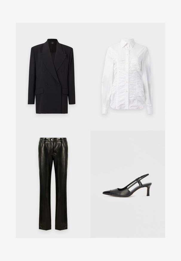 Blazer noir croisé avec revers à encoche, poches latérales et tissu texturé. Il comporte deux boutons et des manches longues.; Chemise blanche à manches longues avec un texture froncée sur le devant, petits boutons dorés et col standard.; Pantalons droits en simili cuir noir avec fermeture à bouton et à glissière, passants de ceinture et poches latérales, présentés sur un fond blanc.; Chaussure à bride arrière en cuir noir avec bout pointu, dotée d'un accent brillant sur le bout et d'un talon de hauteur moyenne. Design latéral ouvert.